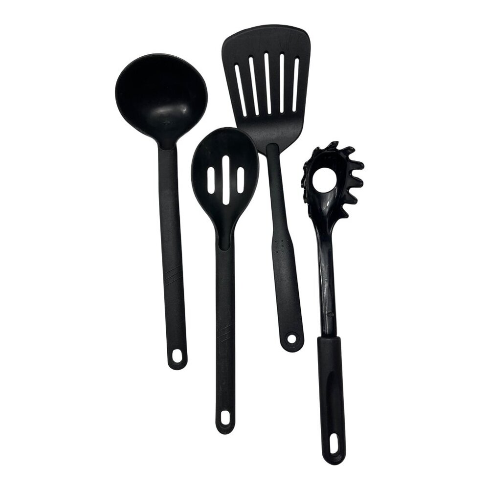Set Of 4 Black Plastic Cooking Utensils: Ladle Slotted Spoon Spatula/Pasta Serve